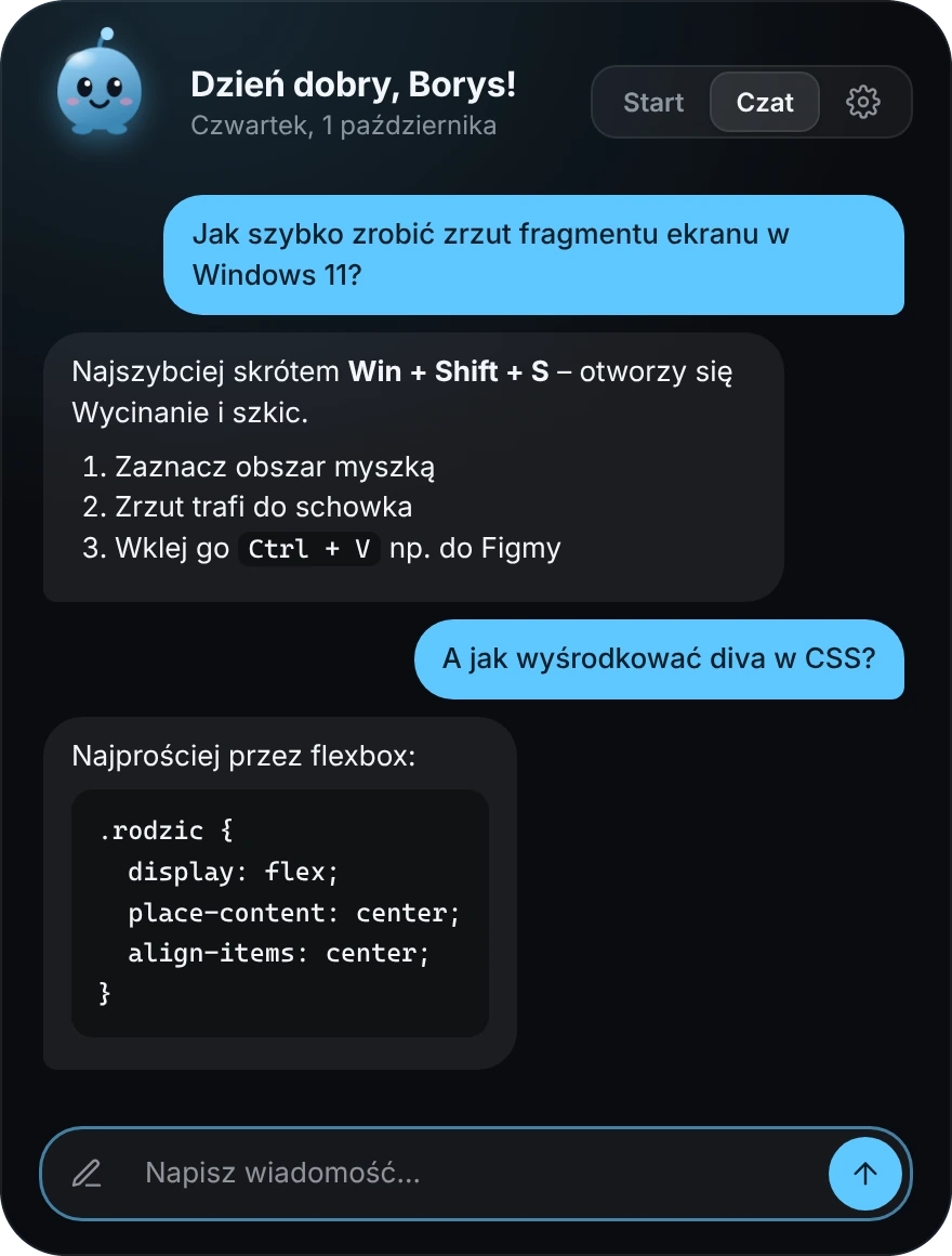 Czat Wyspy w ciemnym motywie: pytanie o zrzut ekranu i odpowiedź z blokiem kodu CSS.