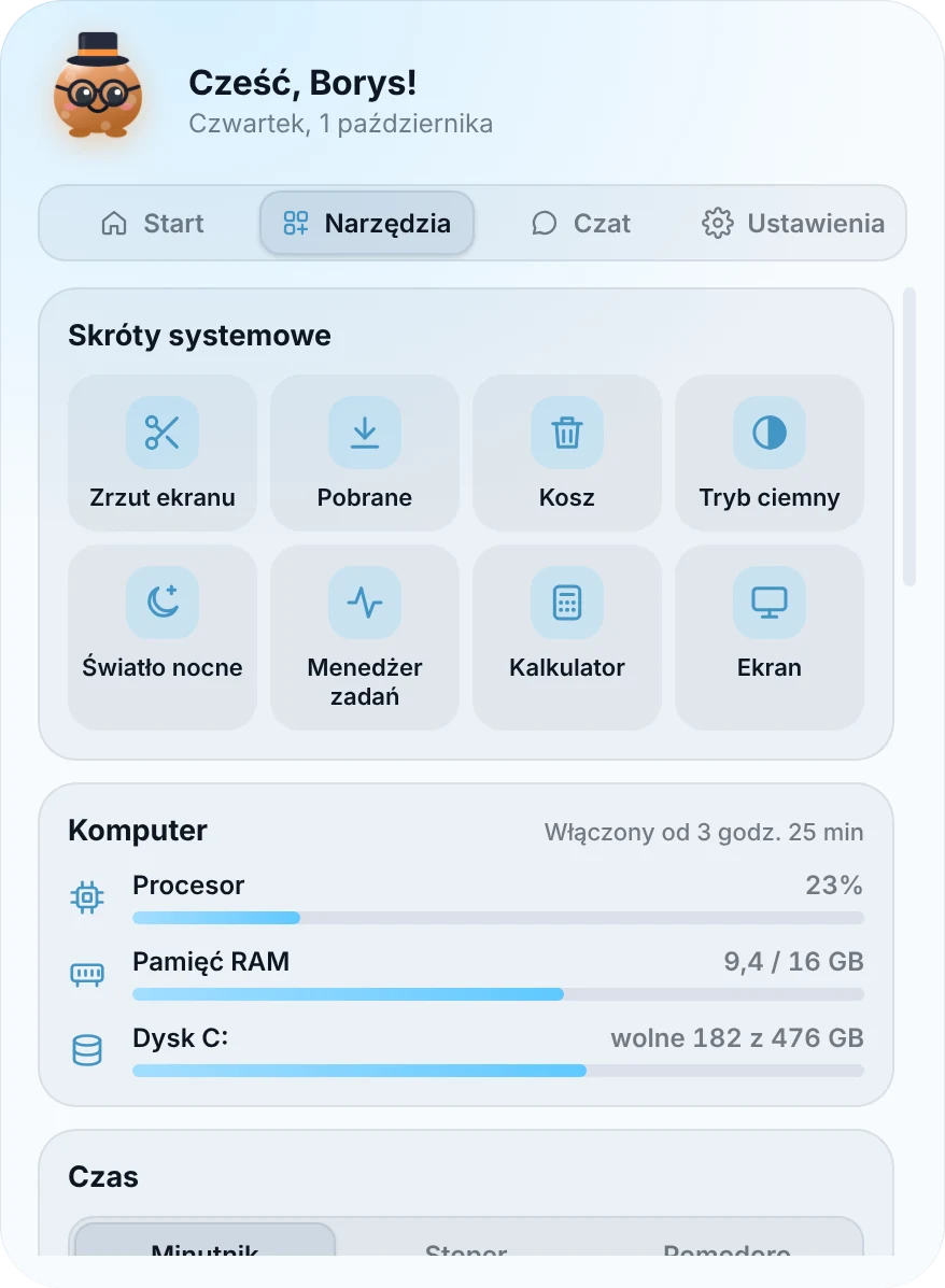 Zakładka Narzędzia w jasnym motywie z błękitnym akcentem; stworek w kapeluszu i okularach