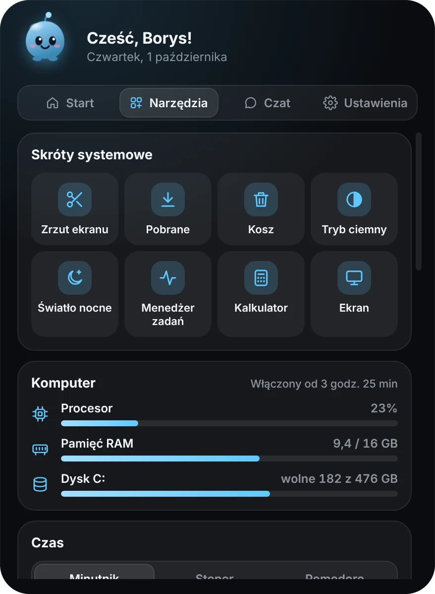 Zakładka Narzędzia: osiem skrótów systemowych oraz karta Komputer z obciążeniem procesora, pamięcią RAM i wolnym miejscem na dysku C:.