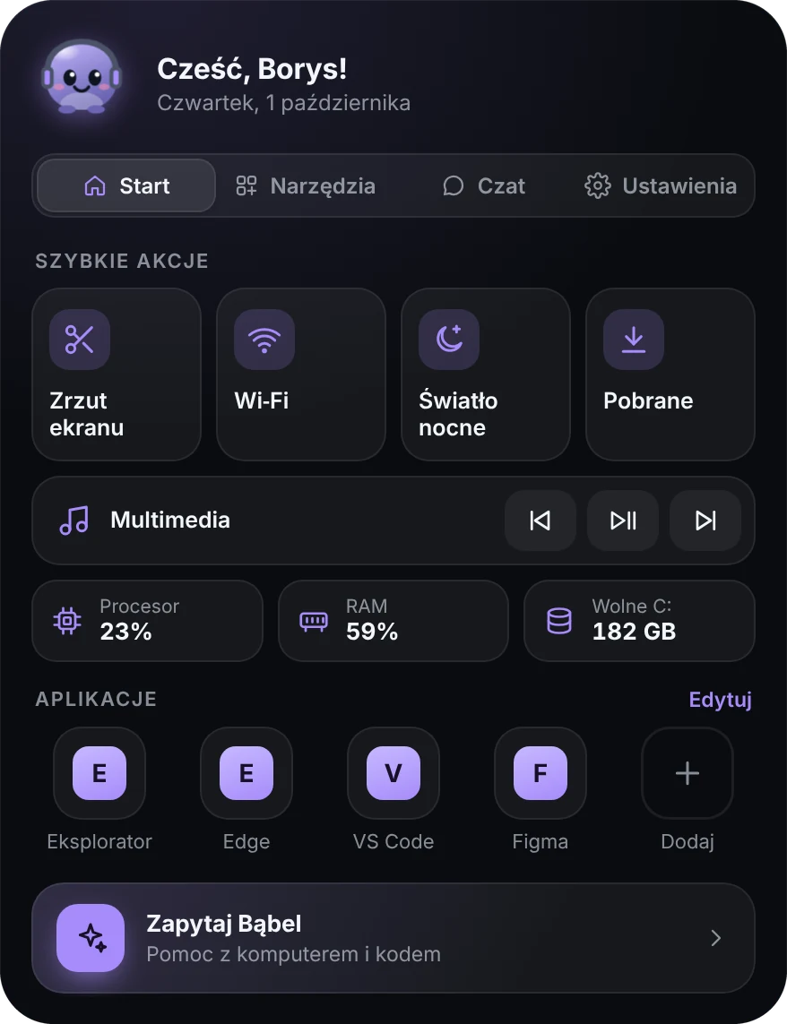 Start w Wyspie 0.2 z własnym układem: szybkie akcje Zrzut ekranu, Wi‑Fi, Światło nocne i Pobrane, kafelek Multimedia i kafelek Stan komputera (procesor 23%, RAM 59%, wolne 182 GB na C:).