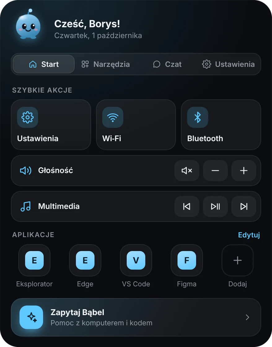 Rozwinięty panel Wyspy (styl Klasyczny): zakładki Start, Narzędzia, Czat i Ustawienia, szybkie akcje, głośność, multimedia, ulubione aplikacje i przycisk „Zapytaj Bąbel”.