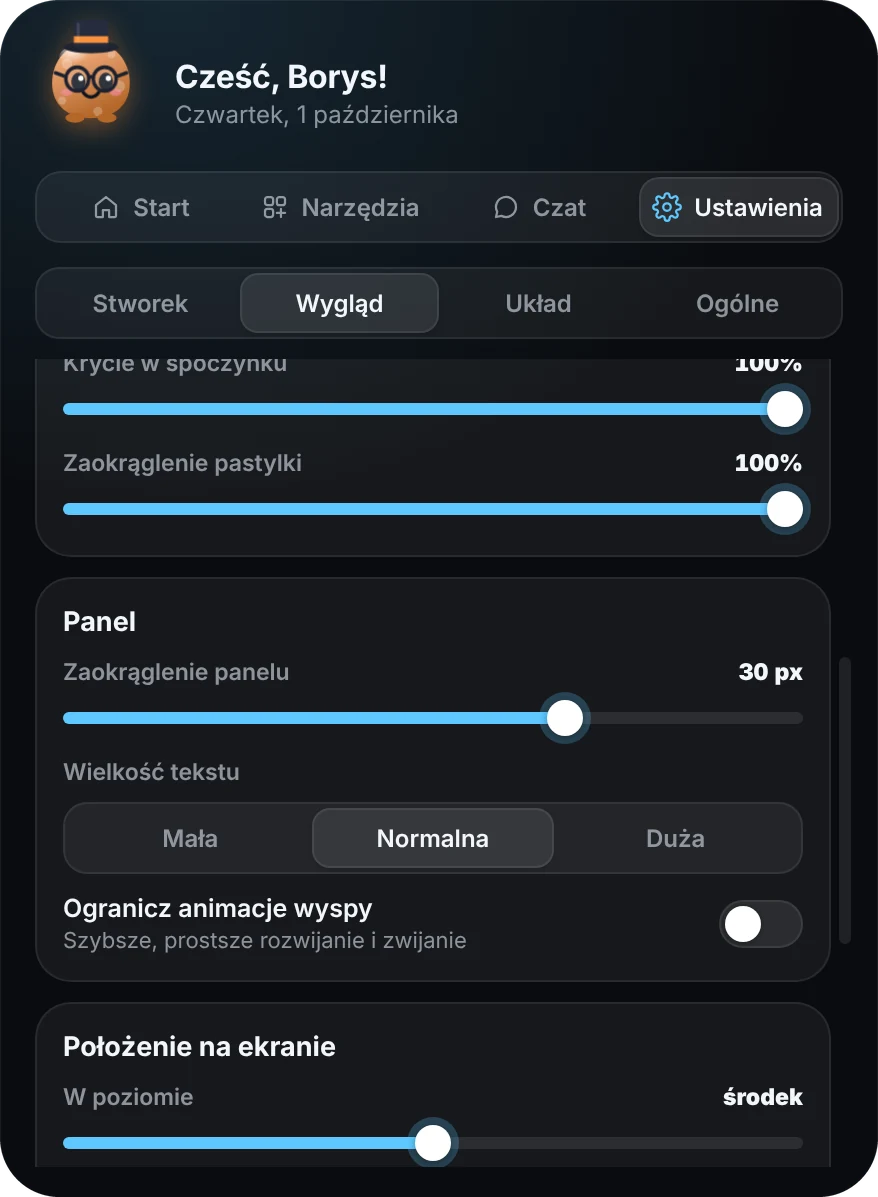 Ustawienia → Wygląd: suwaki krycia i zaokrąglenia pastylki, zaokrąglenie panelu, wielkość tekstu, ograniczenie animacji i położenie na ekranie.