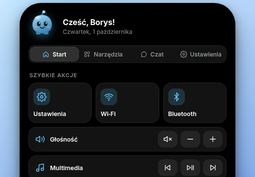 Styl iPhone 15: rozwinięty czarny panel z zaokrąglonymi rogami, oderwany od górnej krawędzi ekranu.