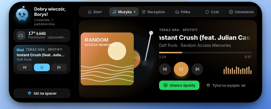 Karta Muzyka: okładka na płycie winylowej, tytuł „Instant Crush (feat. Julian Casablancas)” Daft Punk, pasek postępu, przyciski poprzedni, pauza, następny, przycisk „Otwórz Spotify” i korektor.