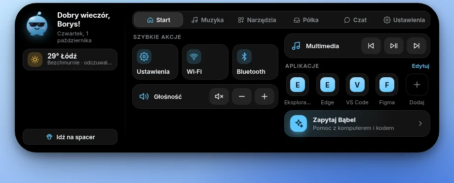 Panel z pogodą: 29° Łódź, bezchmurnie, a Bąbel w okularach przeciwsłonecznych.