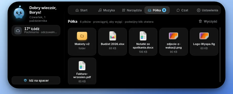 Karta Półka z sześcioma plikami: folder Makiety v2, Budżet 2026.xlsx, Notatki ze spotkania.docx, zdjęcie z wakacji, Logo-Wyspa.fig i faktura PDF.
