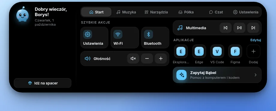 Szeroki, niski panel: kolumna boczna z powitaniem, pogodą i przyciskiem „Idź na spacer” oraz zakładki Start, Muzyka, Narzędzia, Półka, Czat i Ustawienia.