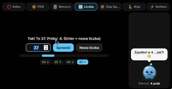 Zgadnij liczbę: trafione 37 w 4 próbach, Bąbel zdziwiony.