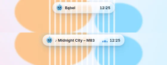 Jasna szklana wyspa z Bąblem i zegarem, a pod nią wersja z muzyką „Midnight City – M83” na jasnej tapecie.