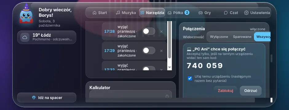 Prośba „PC Ani chce się połączyć” z kodem 740 059, polem „Ufaj temu urządzeniu” oraz przyciskami Zablokuj, Odrzuć i Akceptuj.