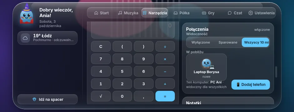 Karta Połączenia: widoczność Wyłączone / Sparowane / Wszyscy 10 min i kafelek „Laptop Borysa” z Bąblem w sekcji W pobliżu.